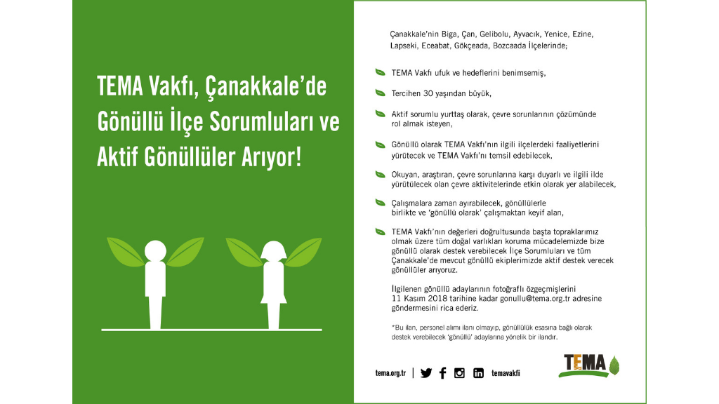TEMA Vakfı Çanakkale’de Gönüllü İlçe Sorumluları ve Aktif Gönüllüler Arıyor!