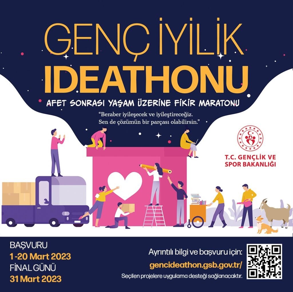 Genç İyilik Ideathon’u için başvurular başladı. Genç İyilik Ideathonu’nun teması Afet Sonrası yaşam üzerine geliştirilebilecek çözümler.