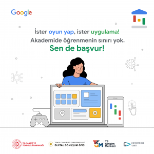 Google Oyun ve Uygulama Akademisi'nin tanıtım görseli. Beyaz arka plan üzerinde bir insan iluustrasyonu var. Şunlar yazıyor: İster oyun yap, ister uygulama! Akademide öğrenmenin sınırı yok. Sen de başvur!