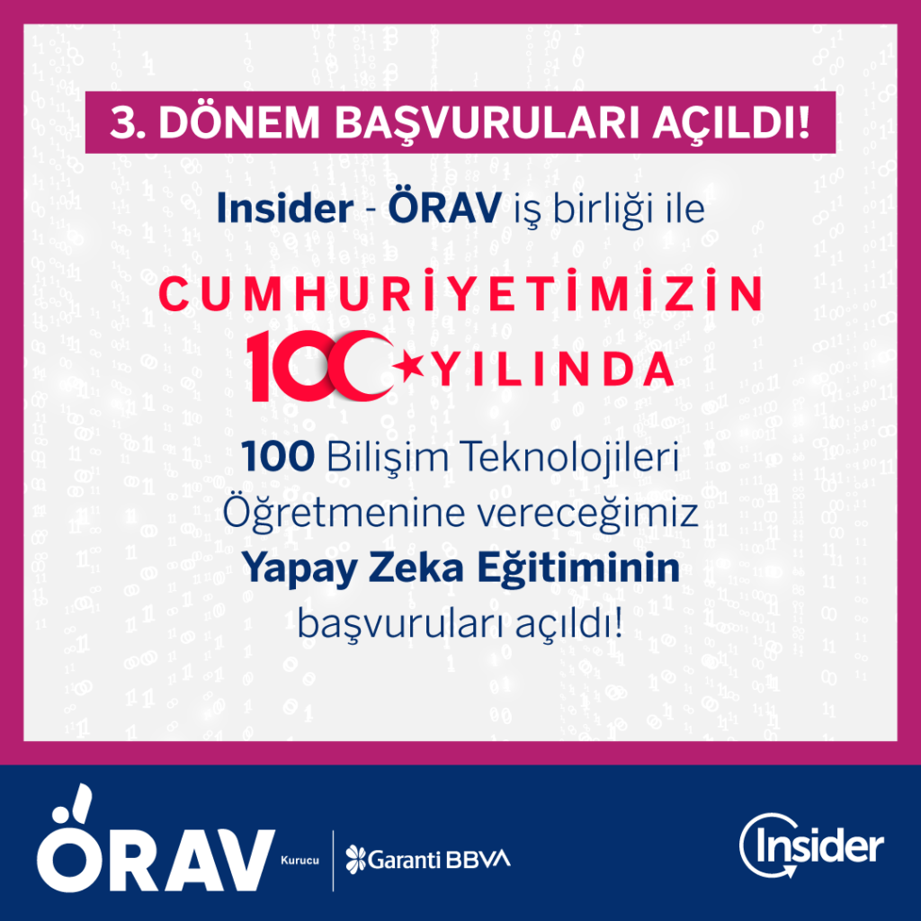 Cumhuriyetin 100. yılında İstanbul'da ikamet eden 100 Bilişim Teknolojileri öğretmenine yönelik, Insider*'ın uzman yapay zeka mühendislerinin eğitmen olacağı "Yapay Zekanın Temelleri" Eğitim Programı gerçekleştirilecek.