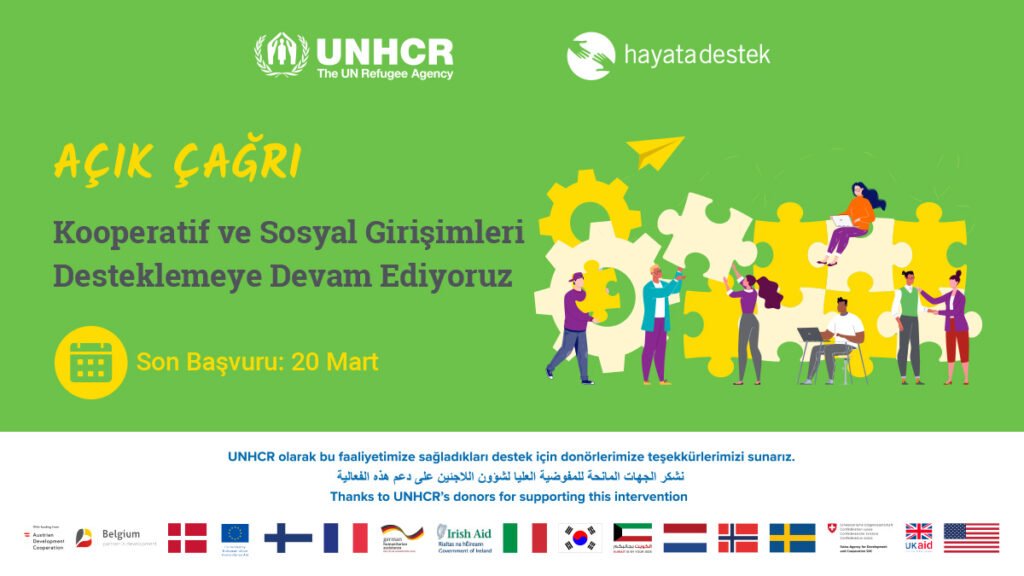 Kooperatif ve Sosyal Girişimlere Yönelik Destek Programımızın yeni dönem başvuruları açıldı. Birleşmiş Milletler Mülteciler Yüksek Komiserliği (UNHCR) tarafından desteklenen programımıza son başvuru tarihi 20 Mart 2024.